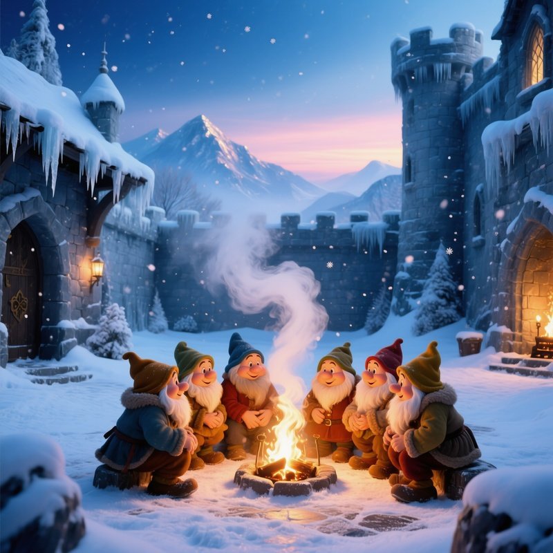 Snow White Dwarfs At Dawn In Snowy Castle Courtyard
