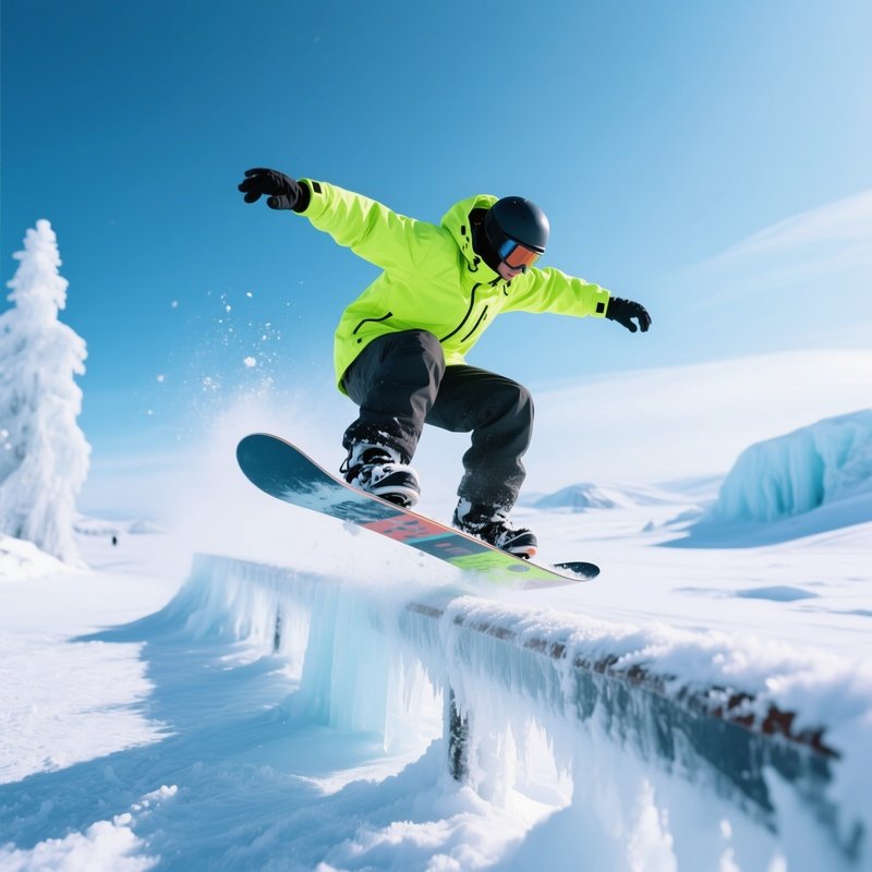 Snowboarder Arctic Neon Grinding On Frozen Rails 1
