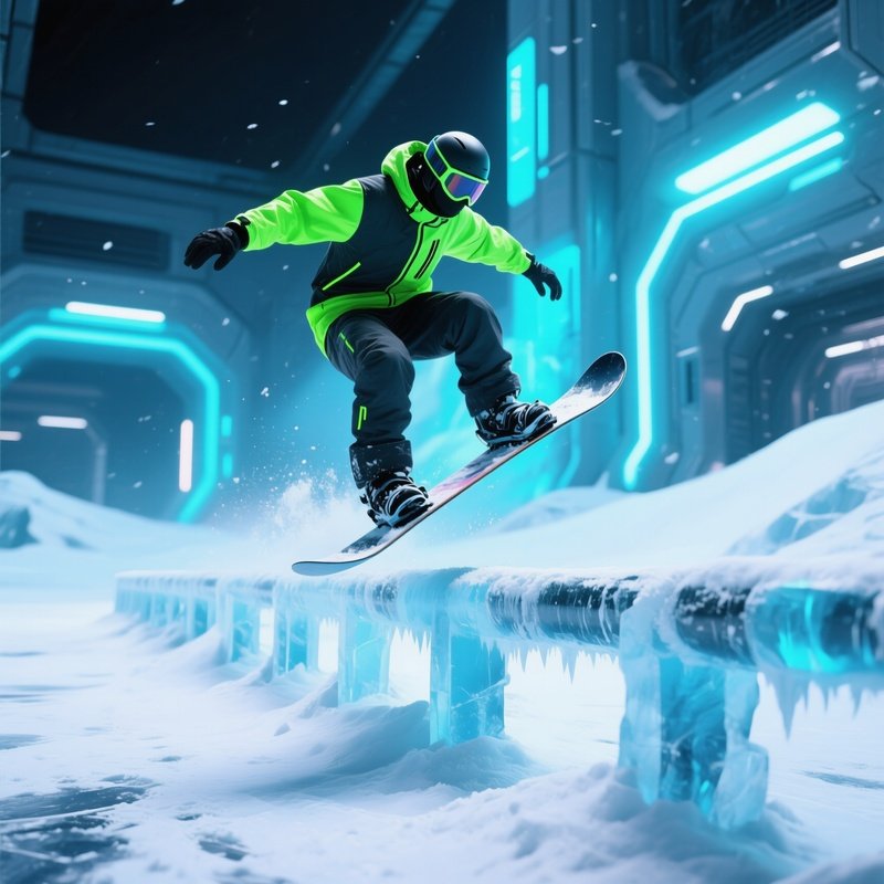 Snowboarder Arctic Neon Grinding On Frozen Rails 2