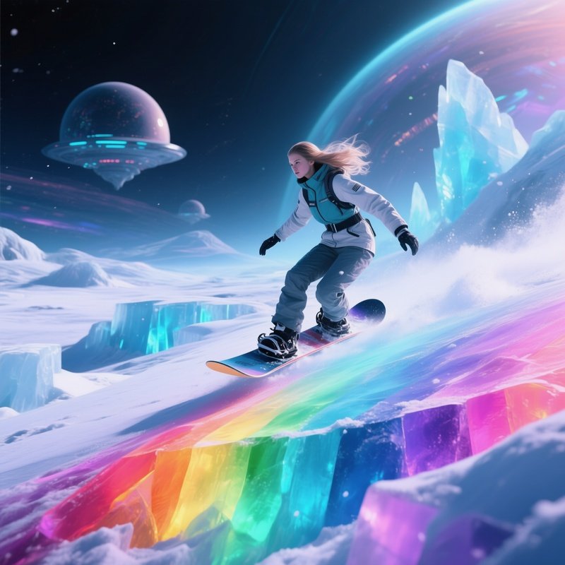 Snowboarder Arctic Wren Gliding Down Rainbow Ice Science Fiction