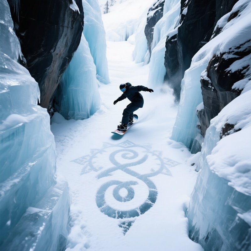 Snowboarder Carving Symbols In An Ice Canyon