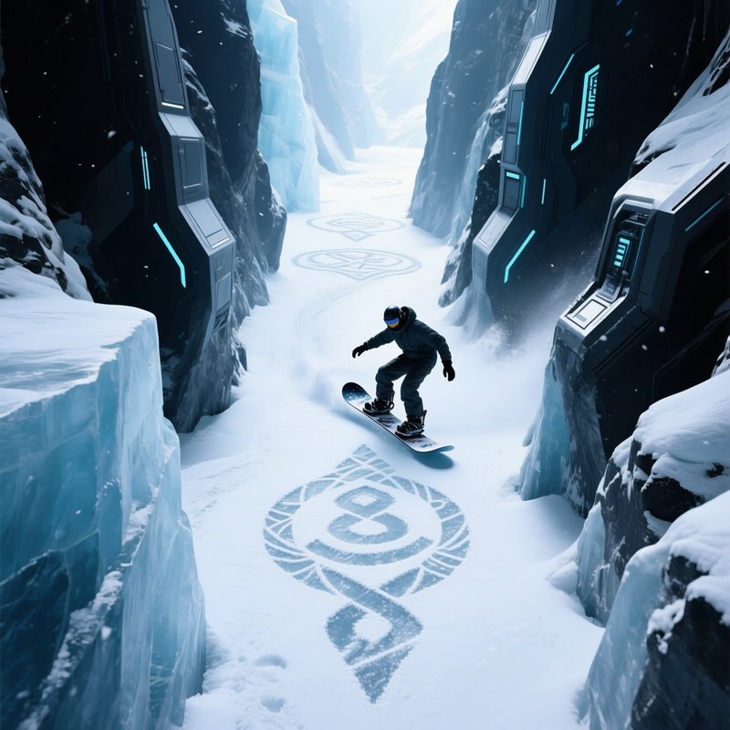 Snowboarder Carving Symbols In An Ice Canyon Science Fiction