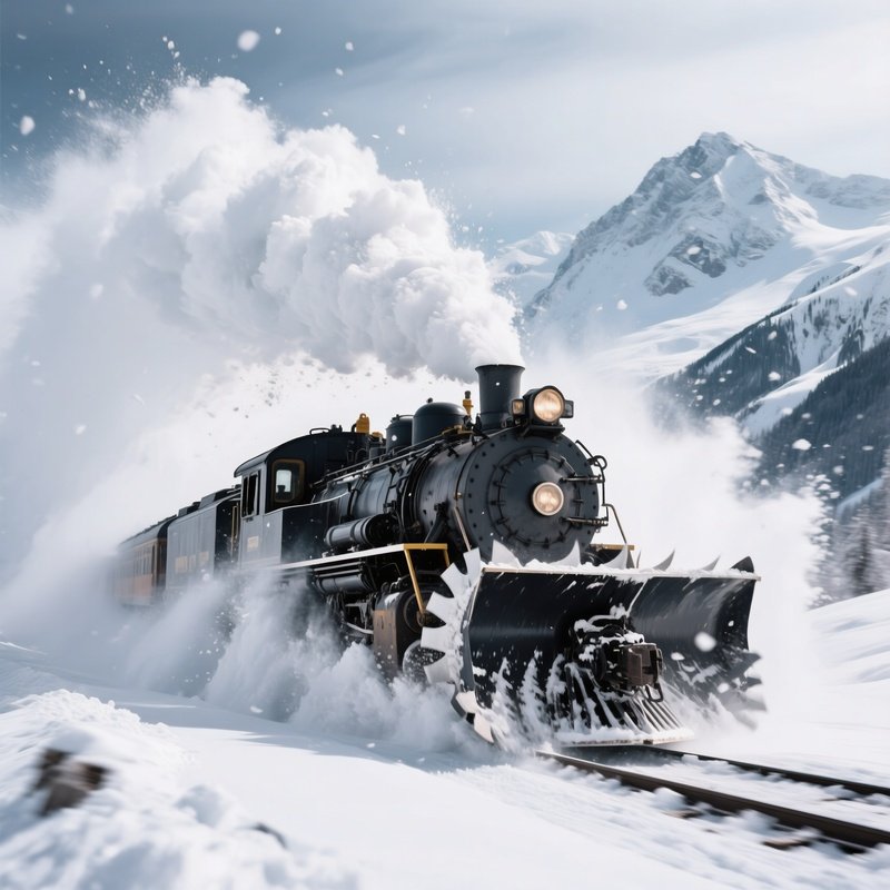 Snowplow Massive Rotary Train Blasting Through Snowdrift Mountains