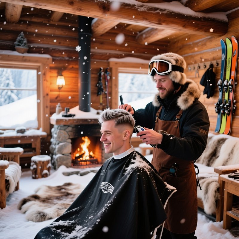 Snowy Alpine Ski Lodge Interior Fire Crackling Skier Goggles Hair Shaved Mountain Barber Fur Trim