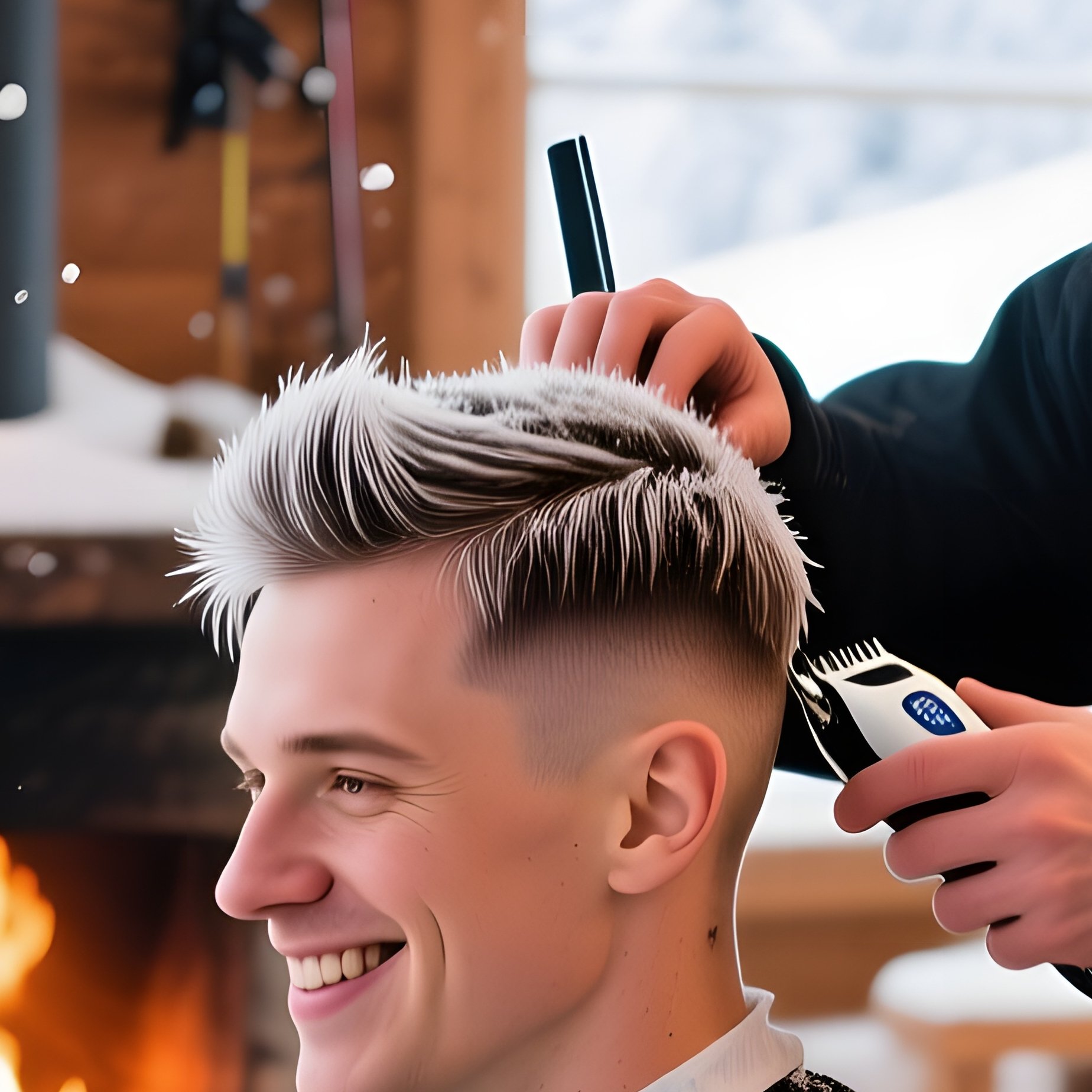 Snowy Alpine Ski Lodge Interior Fire Crackling Skier Goggles Hair Shaved Mountain Barber Fur Trim - Full Resolution Quality Preview