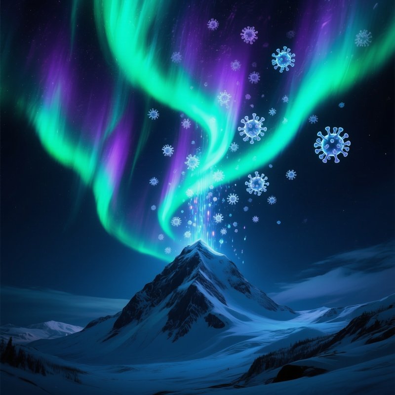 Snowy Mountain Peak Night Aurora Digital Virus Particles