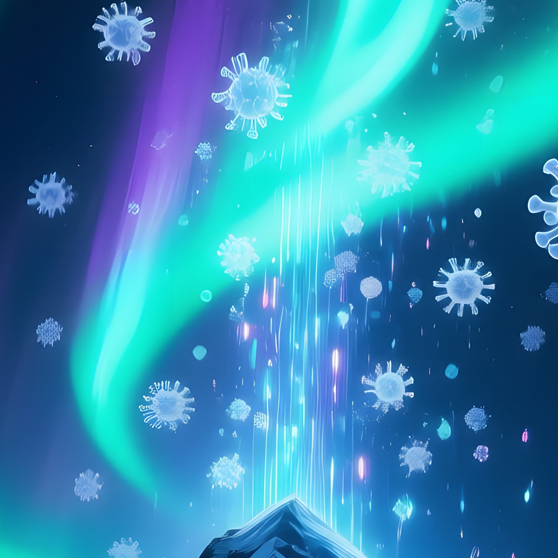 Snowy Mountain Peak Night Aurora Digital Virus Particles - Full Resolution Quality Preview