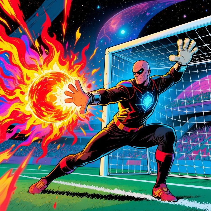 Soccer Goalie Blocking Fireball Shot Fictional