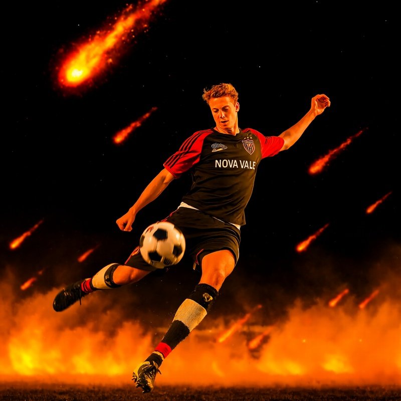 Soccer Player Nova Vale Scoring Mid Air As Meteors Fall Behind