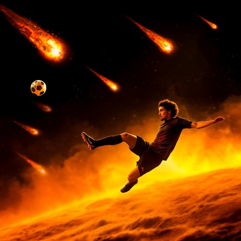 Soccer Player Nova Vale Scoring Mid Air As Meteors Fall Behind