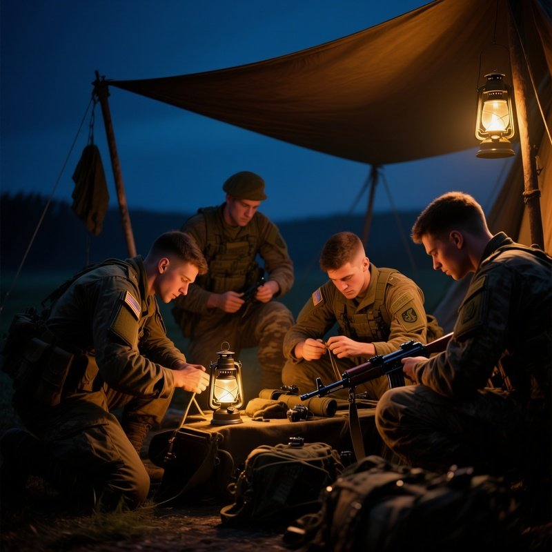 Soldiers Cleaning Gear Evening