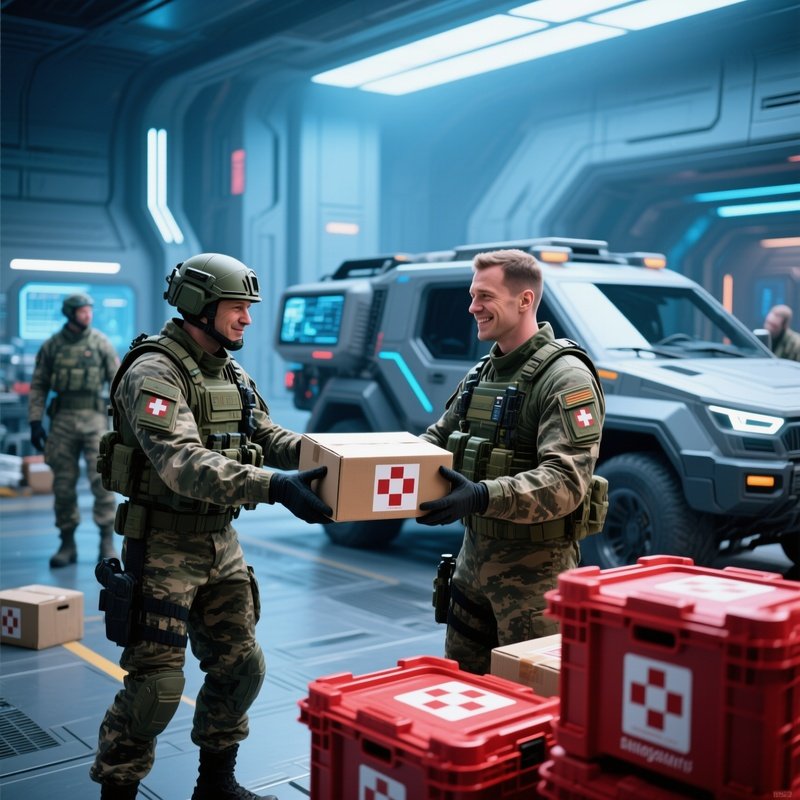 Soldiers Distributing Humanitarian Aid Crates Science Fiction