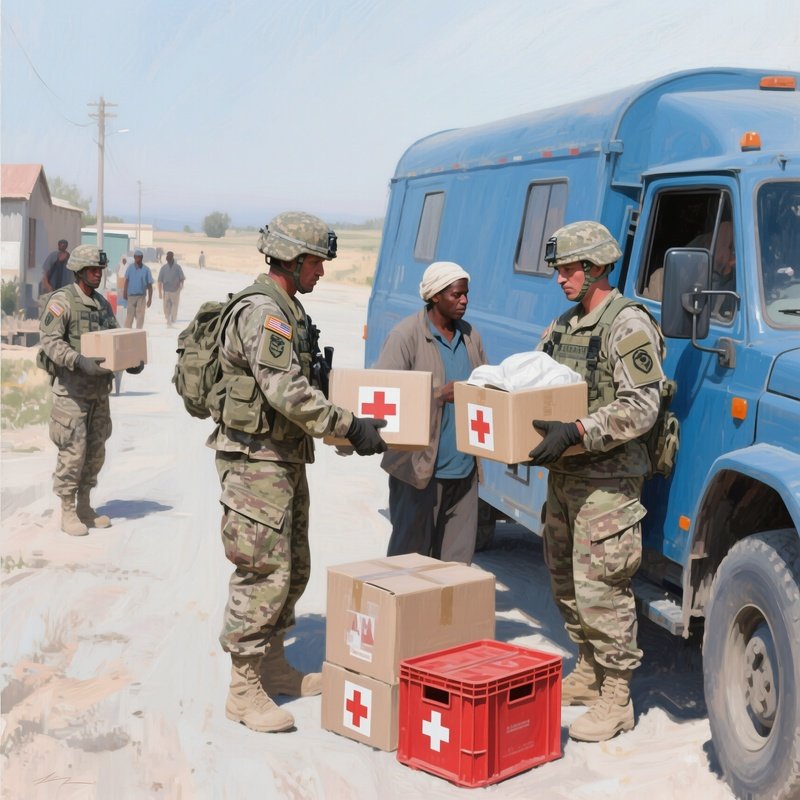 Soldiers Distributing Humanitarian Aid Crates Art