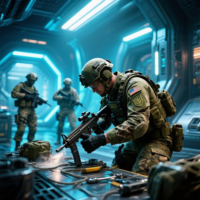 Soldiers Maintaining Equipment Photorealistic Science Fiction Fantasy