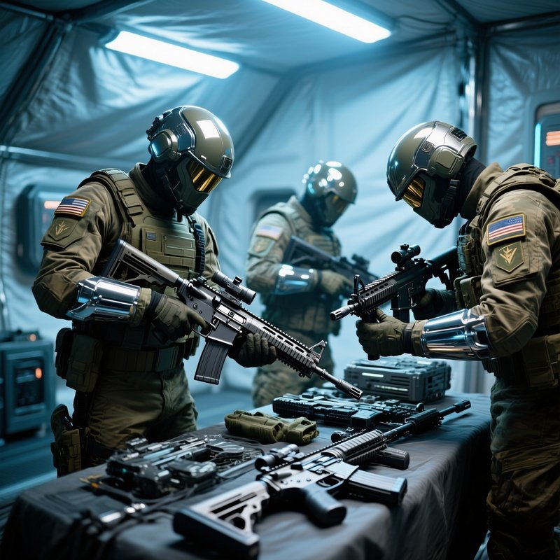 Soldiers Maintaining Equipment Photorealistic Science Fiction