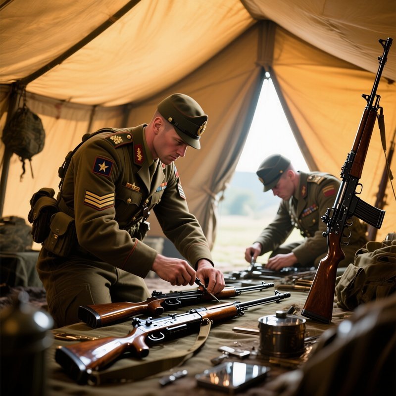 Soldiers Maintaining Equipment Photorealistic Digital Art