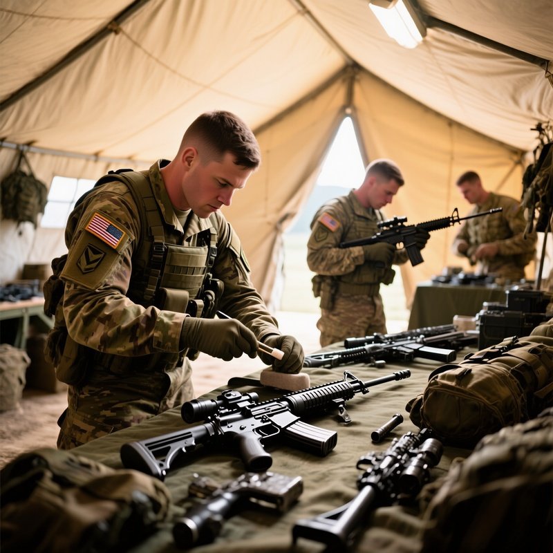 Soldiers Polishing Rifles Inside Tent