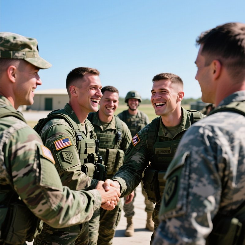 Soldiers Returning From Patrol Greeted By Comrades At Camp