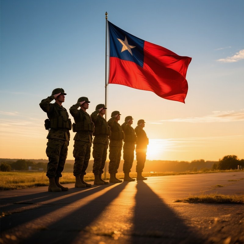 Soldiers Saluting National Flag At Sunrise