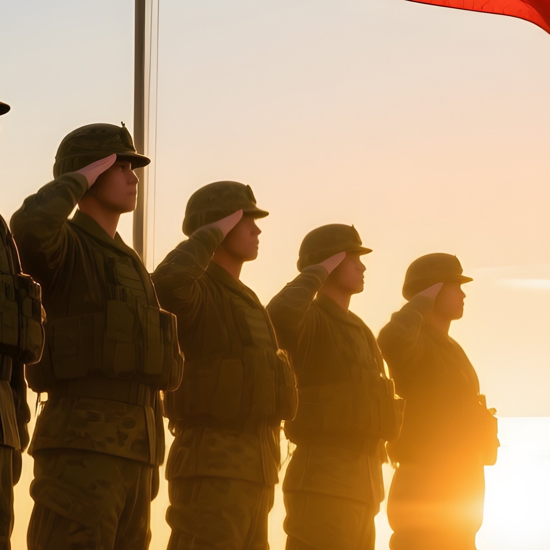 Soldiers Saluting National Flag At Sunrise - Full Resolution Quality Preview