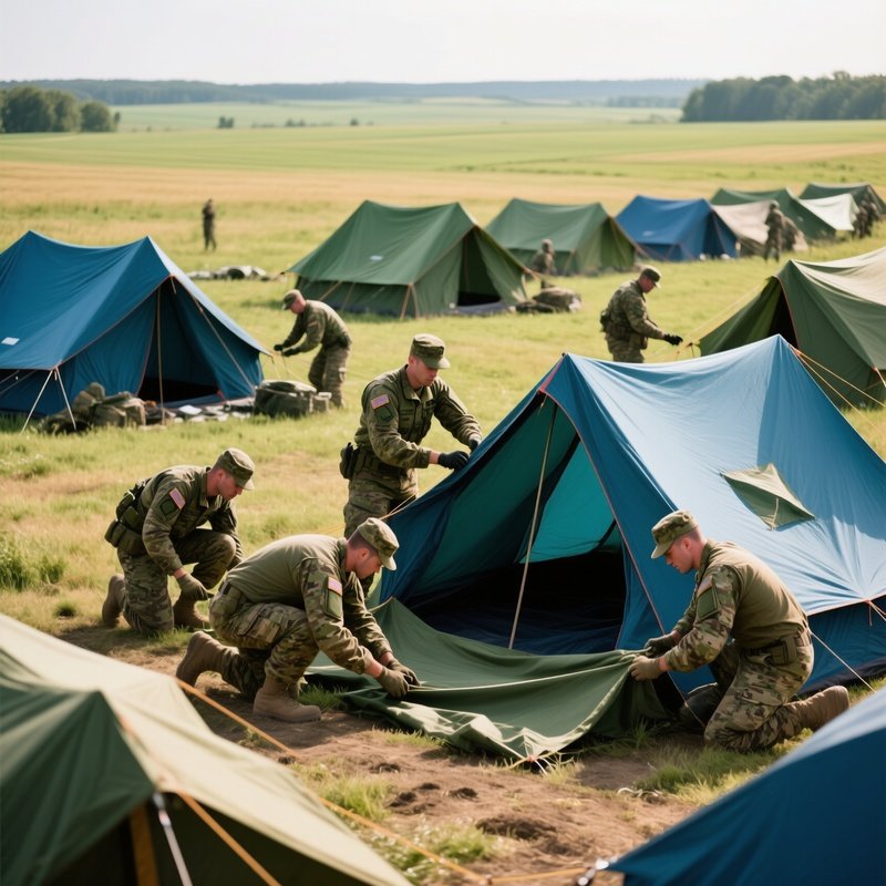 Soldiers Setting Up Camp In Open Field