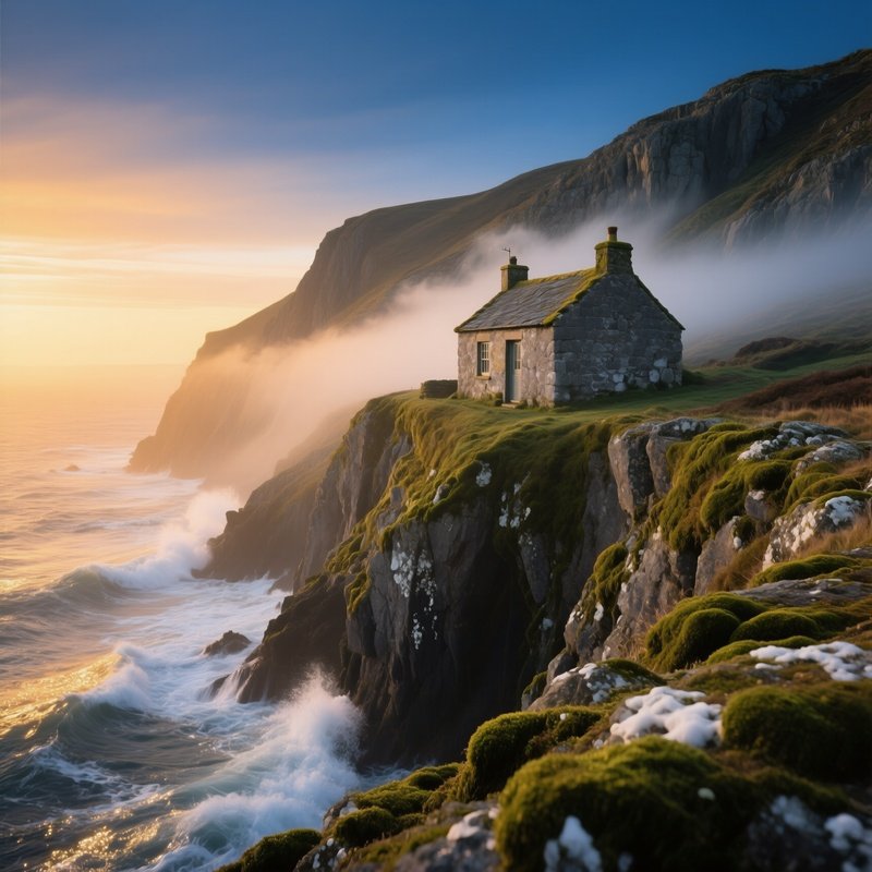 Solitary Cottage On Cliff At Sunrise