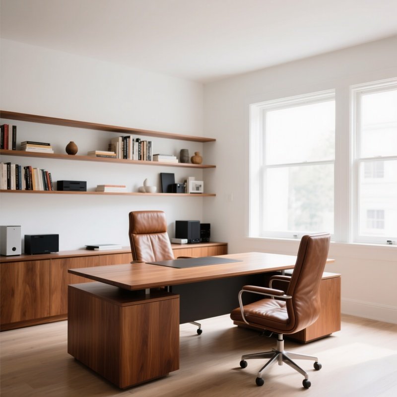 Sophisticated Home Office Solid Wood Desk Leather Chair Built In Shelving Natural Daylight