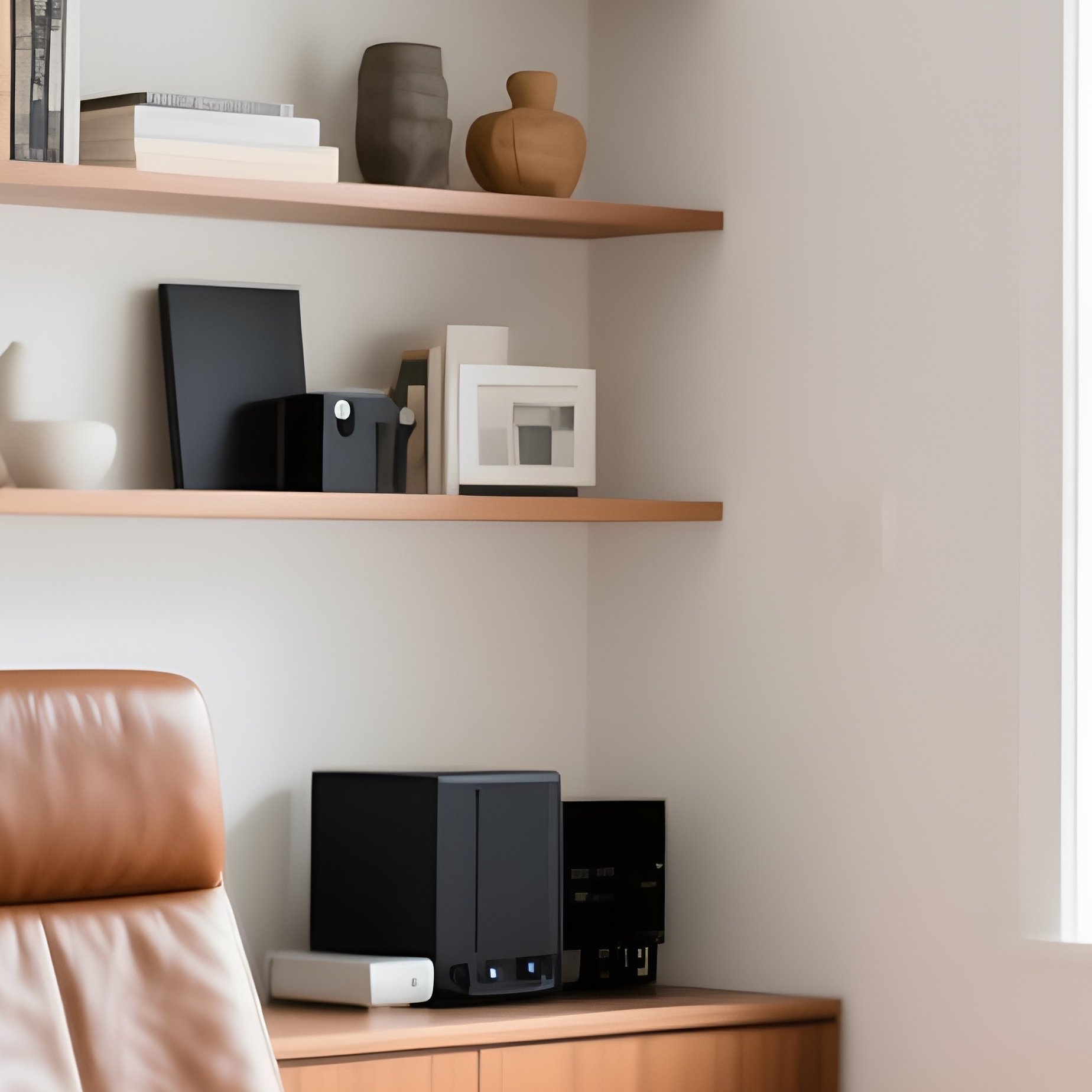 Sophisticated Home Office Solid Wood Desk Leather Chair Built In Shelving Natural Daylight - Full Resolution Quality Preview