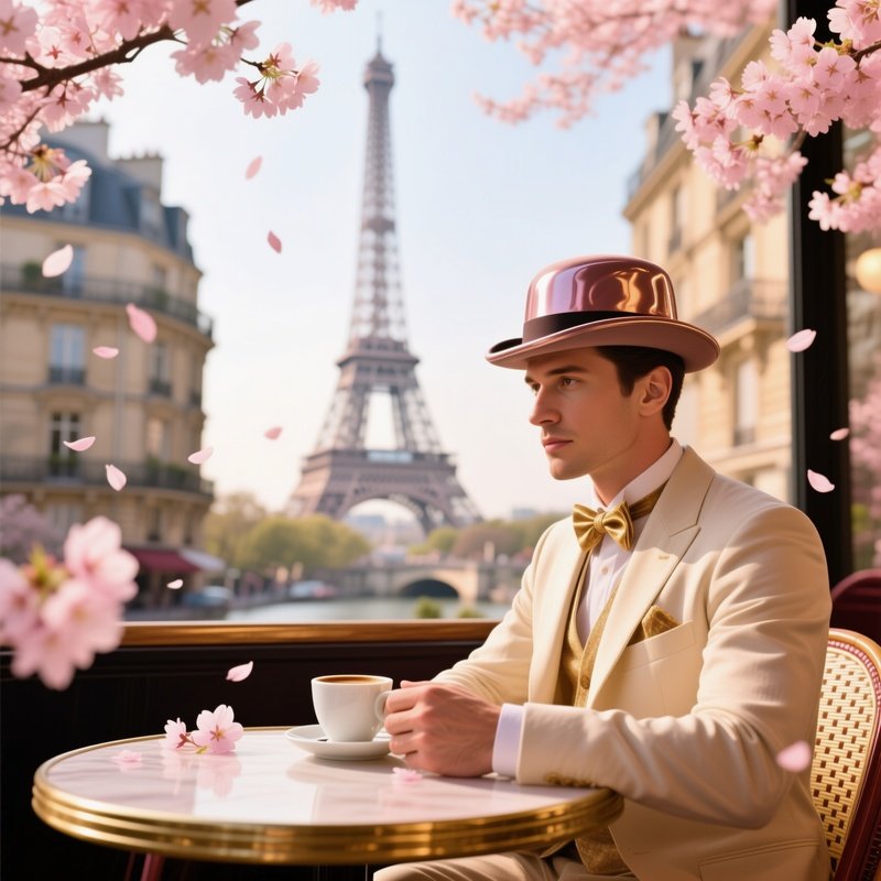 Sophisticated Man In Silk Bowler Hat At Paris Cafe