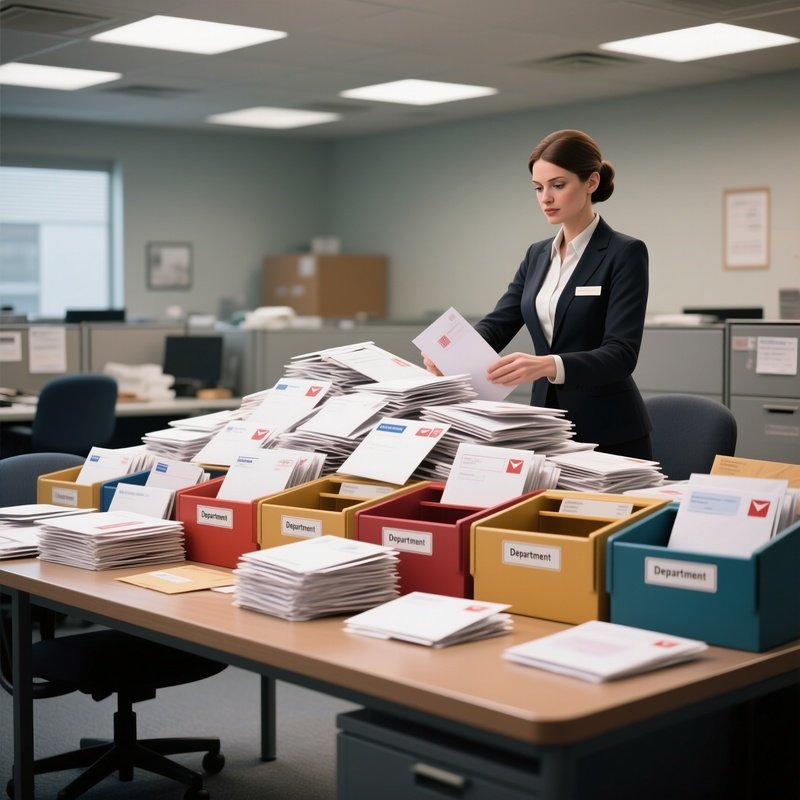 Sorting Mail: An Administrative Assistant Standing At A Large Table Sorting A Mountain Of Incoming Physical Mail Into Different Department Slots.