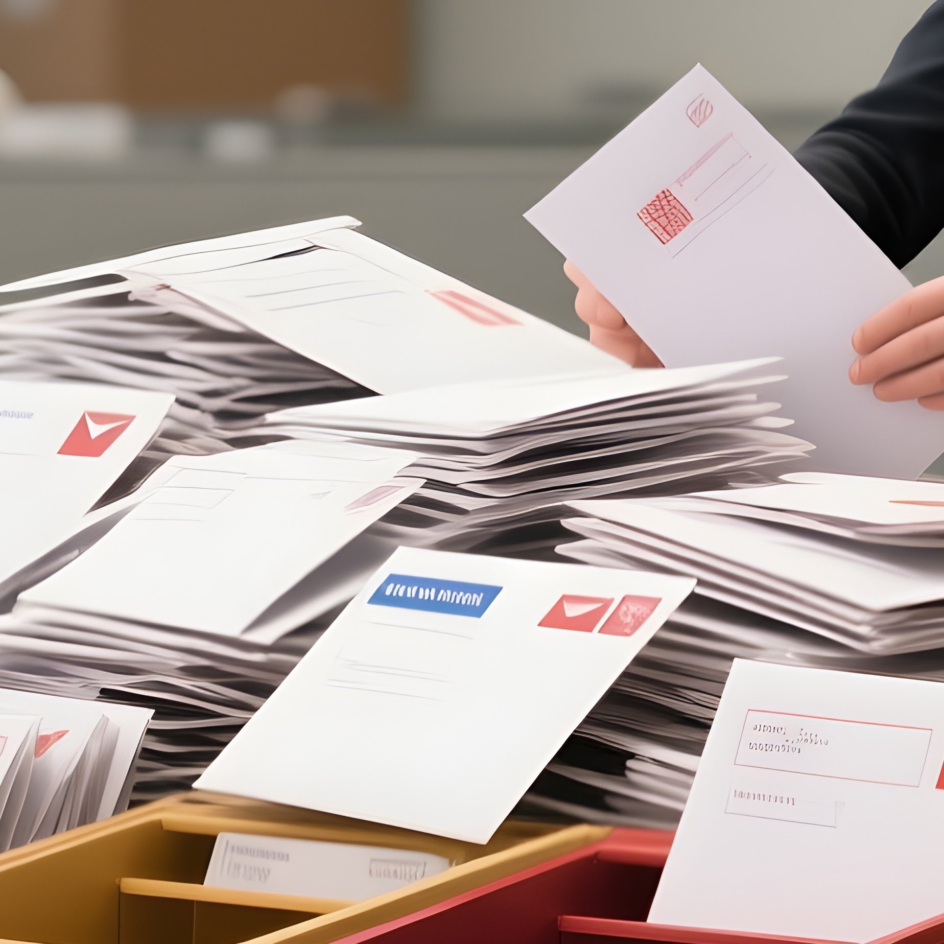 Sorting Mail: An Administrative Assistant Standing At A Large Table Sorting A Mountain Of Incoming Physical Mail Into Different Department Slots. - Full Resolution Quality Preview