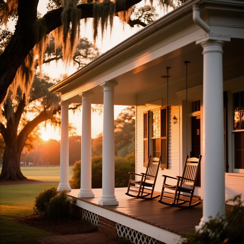 Southern Plantation Porch At Sunset