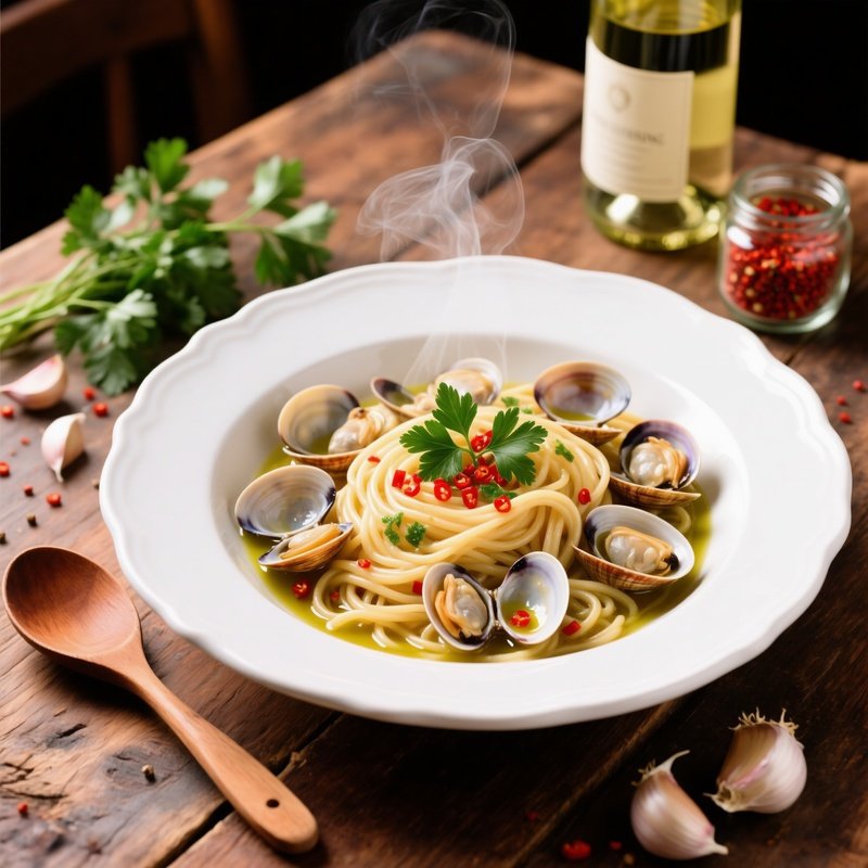 Spaghetti Alle Vongole Clams Garlic White Wine Olive Oil Parsley Chili