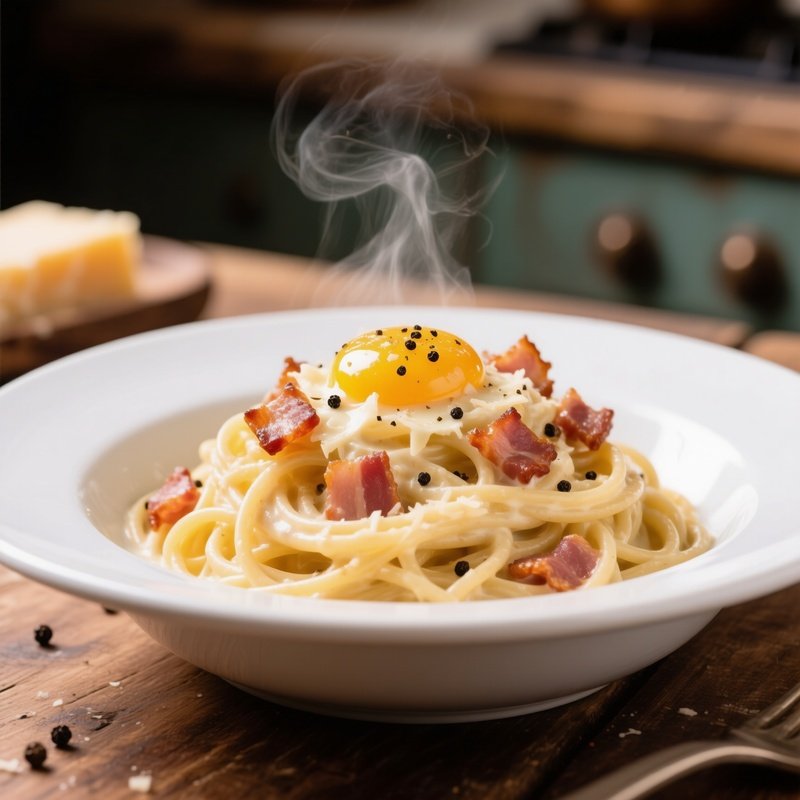 Spaghetti Carbonara With Durum Wheat Pasta Guanciale Rendered Until Crisp Egg Yolks Emulsified With Pecorino Romano And Freshly Cracked Black Pepper