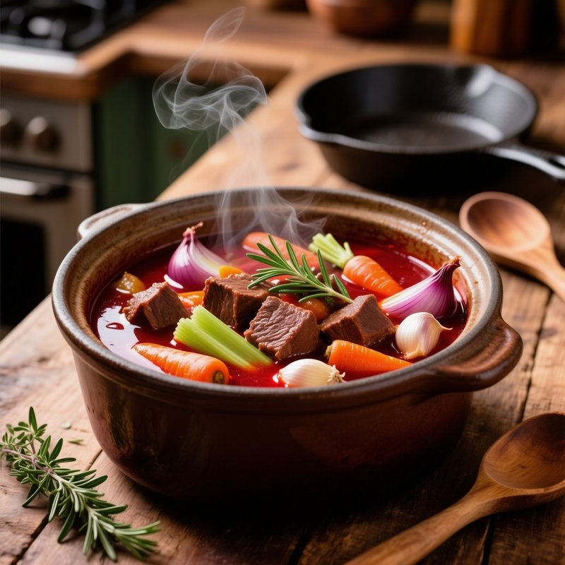 Spezzatino Di Manzo Slow Braised Beef Stew With Vegetables Wine And Herbs