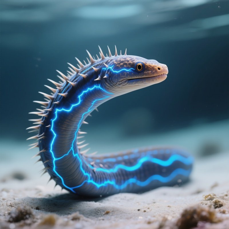 Spiny Eel – Slender Body With Bright Blue Electrical Stripes.