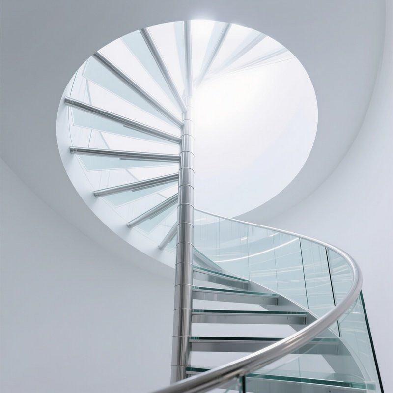 Spiral Staircase Made Of Steel And Glass Ascending Into Bright White Light