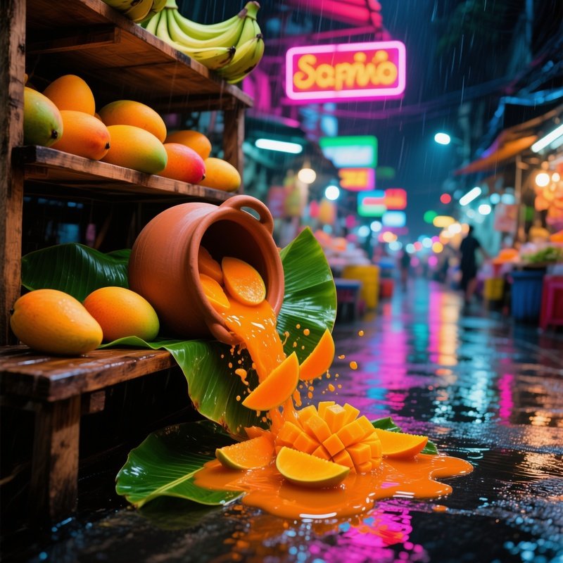 Splendidly Overripe Mango Slices Cascade From Clay Pot Bangkok Night Market