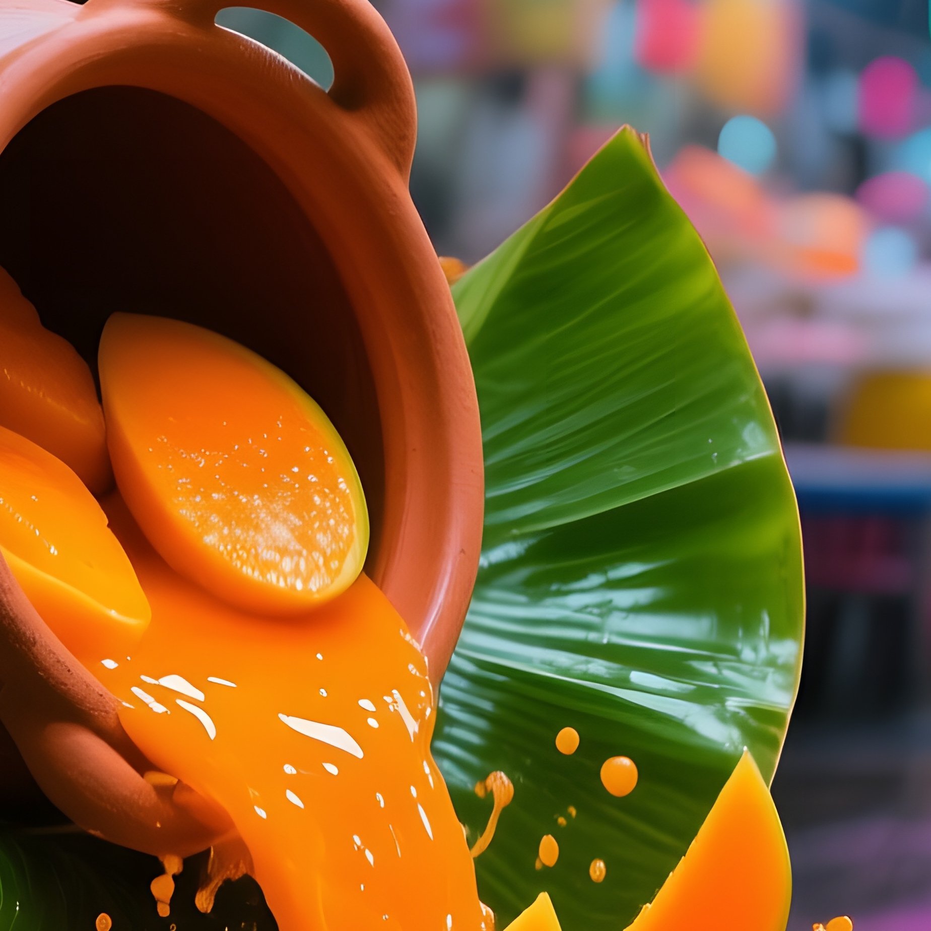 Splendidly Overripe Mango Slices Cascade From Clay Pot Bangkok Night Market - Full Resolution Quality Preview