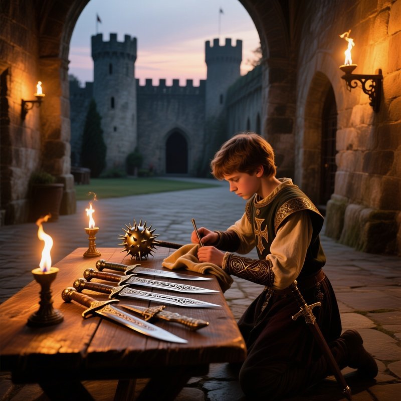 Squire Polishing Daggers In Castle Court