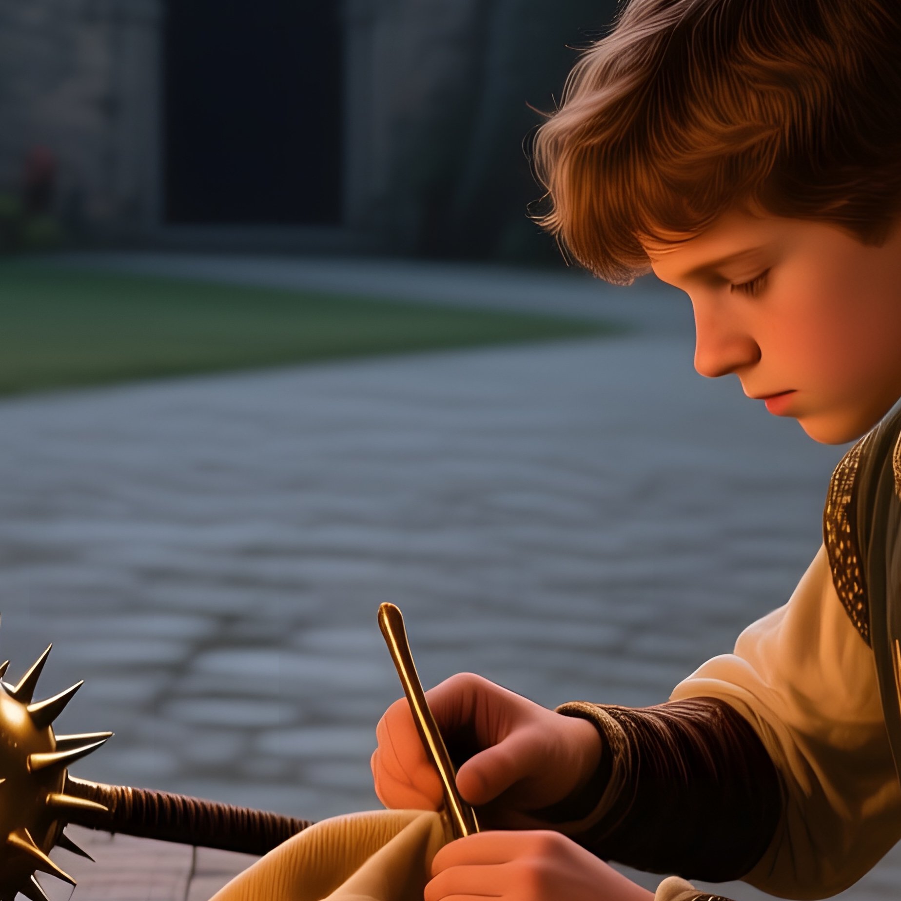 Squire Polishing Daggers In Castle Court - Full Resolution Quality Preview