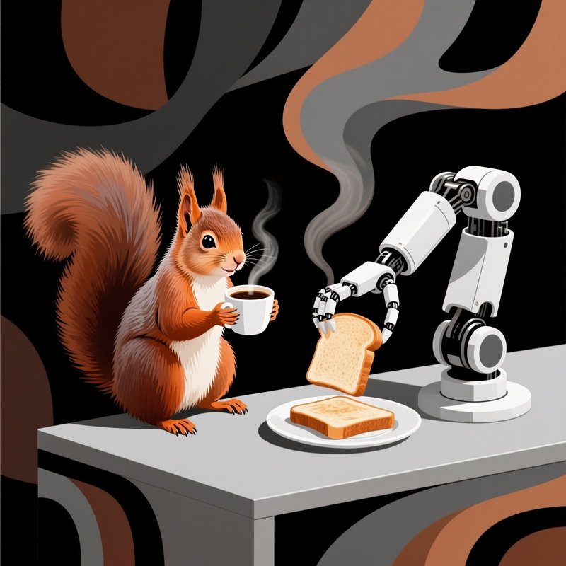 Squirrel Having Coffee With Robot Toaster Concept