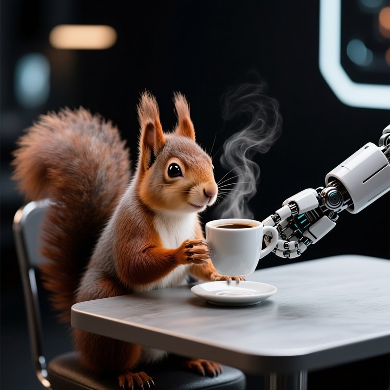 Squirrel Having Coffee With Robot Toaster