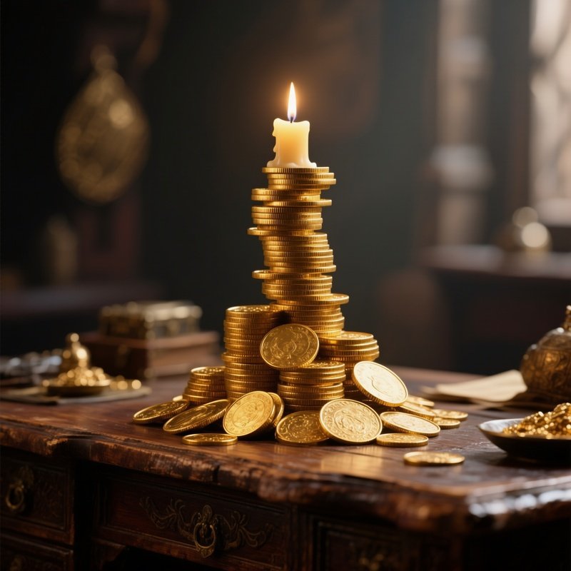 Stack Of Gold Coins: A Perfectly Balanced Tower Of Antique Gold Coins Sitting On An Old Wooden Merchant'S Desk, Illuminated By A Single Candle, Evoking Wealth And History.