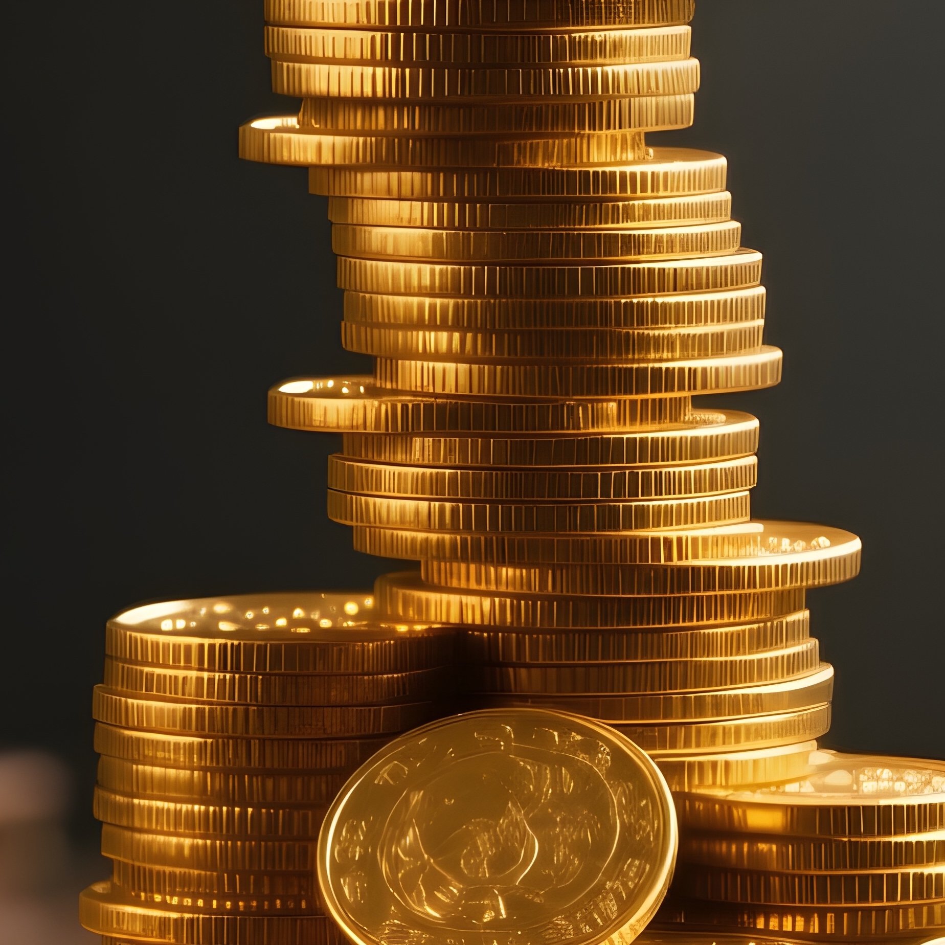 Stack Of Gold Coins: A Perfectly Balanced Tower Of Antique Gold Coins Sitting On An Old Wooden Merchant'S Desk, Illuminated By A Single Candle, Evoking Wealth And History. - Full Resolution Quality Preview