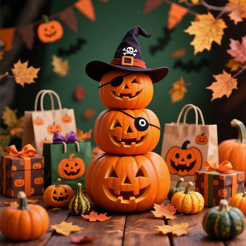 Stacked Pumpkins Dressed In Costumes Halloween Pumpkins