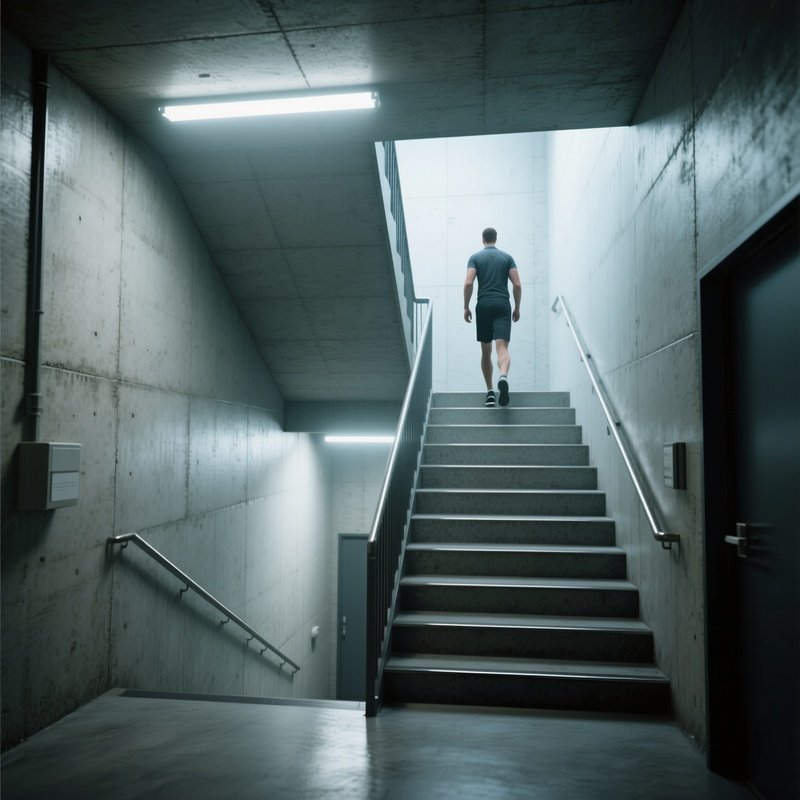 Stairwell: A Concrete Stairwell With Fluorescent Lighting, Used By Employees Walking Between Floors For Exercise.