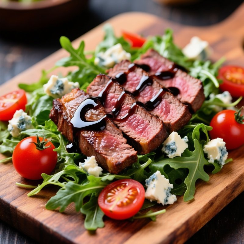 Steak Salad With Grilled Steak Arugula Tomatoes Blue Cheese Balsamic Glaze