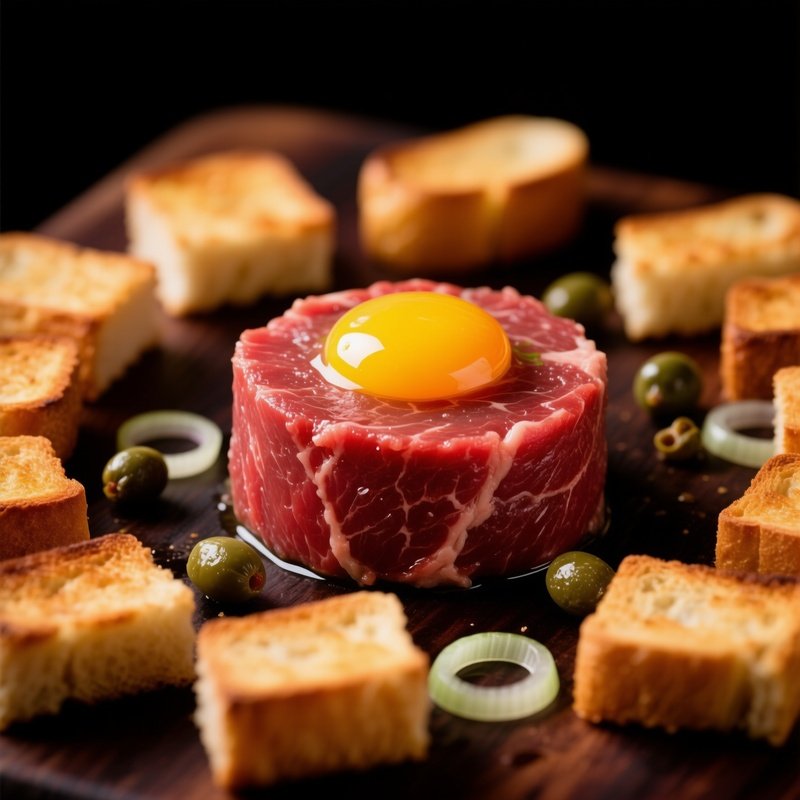 Steak Tartare Cylinder With Egg Yolk Capers And Onions