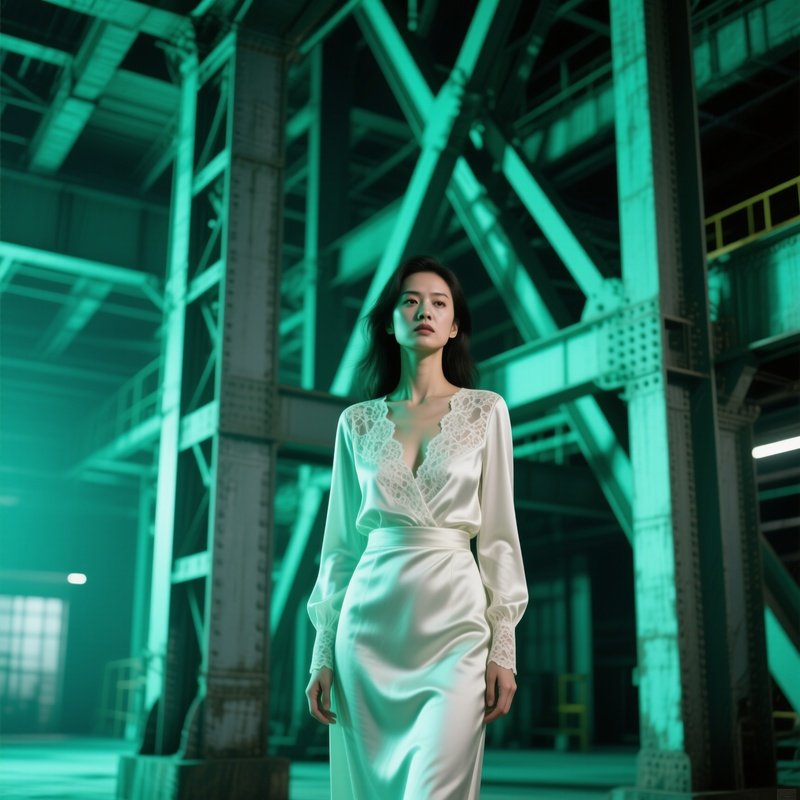 Steel Structures And Soft Mako Green Light Surround Her